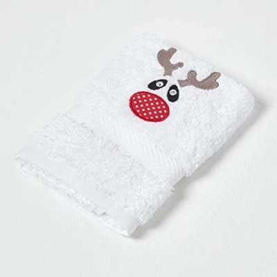 Image of HOMESCAPES Rudolf Reindeer Embroidered Christmas Towel 100% Cotton Small Hand with Decorative Festive Design 30 x 50 cm Guest for Bathroom or Xmas Gift