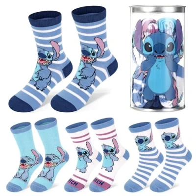 Image of Disney Stitch 4 Pair Ankle Cotton Socks for Kids Size 12 2½ Ideal Children Gift Packed in Round Money Piggy Bank Plastic Cylinder