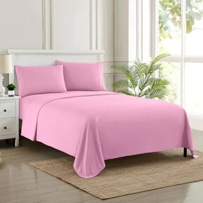 Image of Sweet Home Collection Luxury Bedding Set with Flat, Fitted Sheet, 2 Pillow Cases, Microfiber, Pink, King