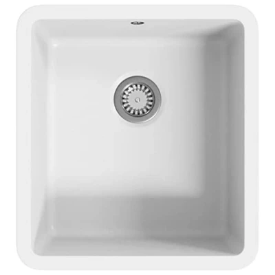 Image of vidaXL Single Basin Kitchen Sink Durable Granite in White, Heat, Scratch and Impact Resistant, Includes Basket Strainer, 420 x 460 310 mm (LxWxD)