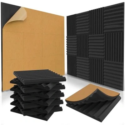 Image of 12 Pack Self Adhesive Acoustic Panels 1 X Inches Foam Studio Wedges High Density Soundproof Charcoal