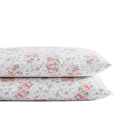Image of Laura Ashley Home Standard Pillowcase Set, Cotton Sateen Bedding, Smooth &amp; Wrinkle Resistant (Lilian Coral, 2 Piece)
