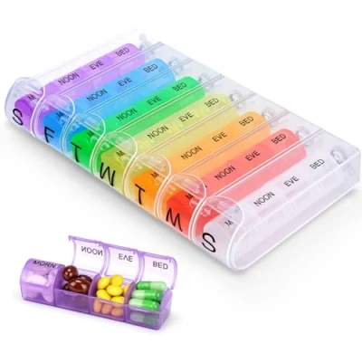 Image of Alyvisun 7 Day Pill Box Organiser 4 Times a Day, Weekly Tablet Travel 28 compartments, Portable Case Dispenser with Spring Assisted Open and Snap on Lid Design for Work