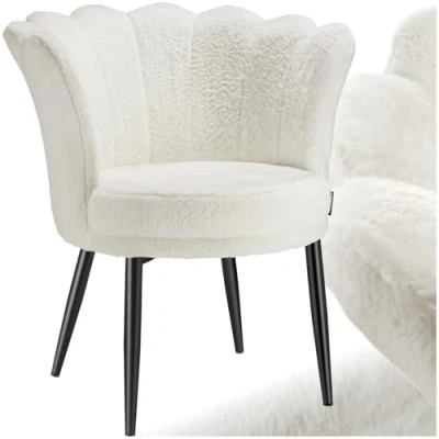 Image of TecTake® Armchair with Faux Fur Cover &amp; Soft Padding, Accent Chair Flower Shaped Backrest Slim Steel Legs, Ideal Desk Vanity for Living Room, Bedroom, Home Office Cream/Black