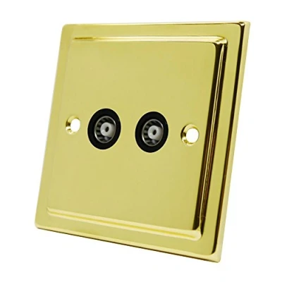 Image of Victorian Polished Brass 2 Gang TV Socket Black Insert Double Aerial Coaxial Female