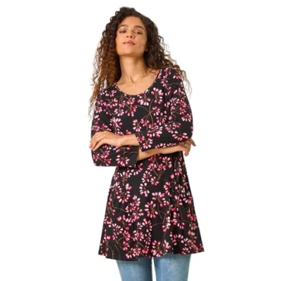 Image of Roman Originals Swing Top with Pockets for Women UK Ladies Hanky Hem Asymmetric Tunic Blouse Longline Long Stretch Jersey Casual Round NeckTee Shirt T Pink Size 12