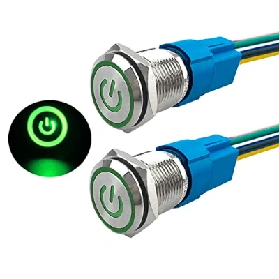 Image of Aiqeer 2 Pcs 16 mm Self Locking Latching Push Button Switch, 12V / 24V 5A Car Ignition Starter IP67 Waterproof Stainless Steel with Pre Wired Socket (Green LED)