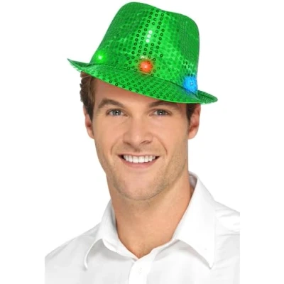 Image of Smiffys Light Up Sequin Trilby Hat, Green with Multi Function LED Lights, Party &amp; Carnival Fancy Dress, Dress Hats