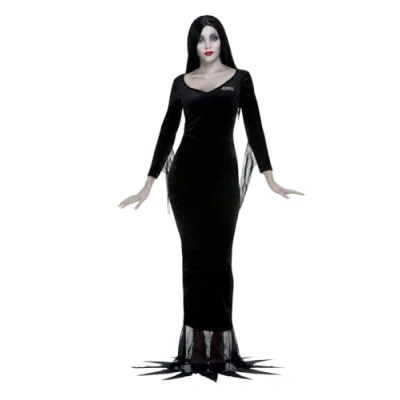 Image of Smiffys The Addams Family Morticia Costume, Adult, Black Dress &amp; Wig, Officially Licensed, Full Costume perfect for Halloween and Parties