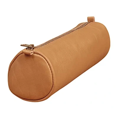 Image of Clairefontaine Ref 77017C Age Bag Medium Leather Round Pencil Case 21 x 6cm, Genuine Lambskin Leather, Vegetable Tanned Dye, Metal Zipper Brown