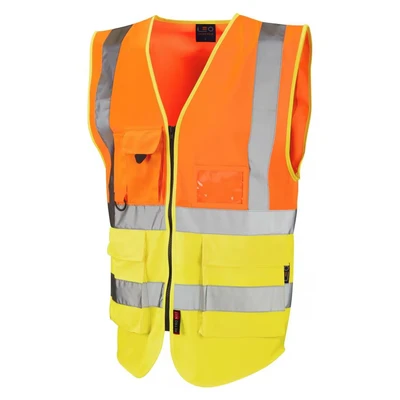 Image of Leo Workwear Lynton W11 Dual Colour Hi Vis Class 1 Multi pocket Superior Waistcoat, S, Orange Yellow