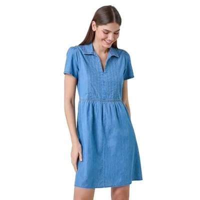 Image of Roman Originals Cotton Denim Collared Dress for Women UK Ladies Everyday Holiday Spring Summer V Neckline Comfy Soft Evening Vacation Work Party Size 18