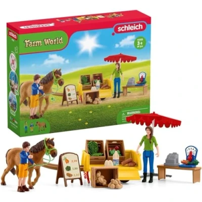 Image of schleich Farm WORLD — 42528, Sunny Day Mobile Stand Playset, Play Set with Farmer Dolls, Horse and Produce Stand, Animal Toys for Kids Ages 3+