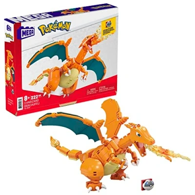 Image of MEGA Pokémon Action Figure, Charizard Pokemon, Building Toys for Kids and Adults, Collectible Character Model with 222 Pieces Poke Ball Pin, 10 cm Tall, Toy Ages 8 Up, GWY77