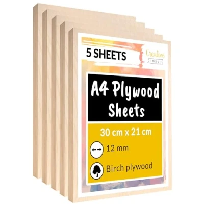 Image of Creative Deco 5 x A4 Birch Plywood Sheets 300 210 12mm Baltic Wood Ply Perfect Laserable Board for DIY Home Decor Arts Craft Painting Laser Cutting CNC Scroll Saw Stenciling Pyrography