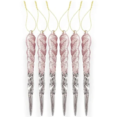 Image of AKH® 13CM / 5&quot; Christmas Hanging Icicles Ornaments Bubbles Tree Decorations Pack of 6 Glitter Baubles Icicle (Rose Gold)