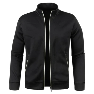 Image of CAZOY Mens Lightweight Full Zipper Coat Jacket Open Front Stand Collar Cardigan Sweater Jumper with Pockets Men Long Sleeve Zip Up Sweatshirt Pullover Tops for Gym Fitness Black UK Size 22