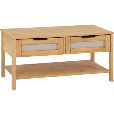 Image of Seconique Coffee Table, Engineered Wood, Distressed Wax Pine/Rattan Effect, W 900mm x D 500mm H 440mm