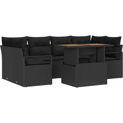 Image of vidaXL 7 Piece Garden Sofa Set with Cushions Black Poly Rattan Acacia