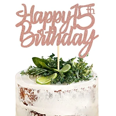 Image of Sumerk Rose Gold Glitter Happy 15th Birthday Cake Topper for Anniversary Party Decorations Pack of 1