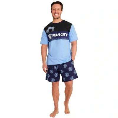 Image of Manchester City F.C. Mens Short Pyjamas Set, Cotton Lounge Wear Man Gifts (Blue/Navy, M)