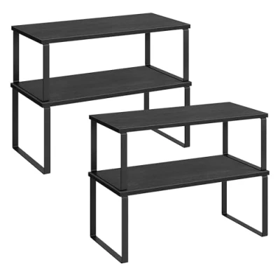 Image of SONGMICS Spice Rack, Set of 2 Cupboard Shelf Organisers, Expandable Kitchen Organiser, Stackable Holder, Metal and Engineered Wood, Ink Black Ebony KCS025B01