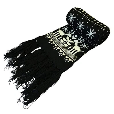 Image of Central Chic Womens Winter Scarf Christmas Soft Knitted With Fair Isle, Reindeer &amp; Snowflake Design in 4 Colours (Black Snowflakes)