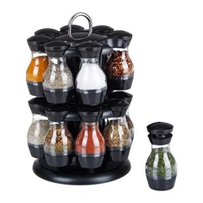 Image of Relaxdays Spice Carousel, 16 Transparent Herb Jars, Rack 360 Rotatable, HxØ: 29 x 19 cm, Made of Plastic, Black/Silver