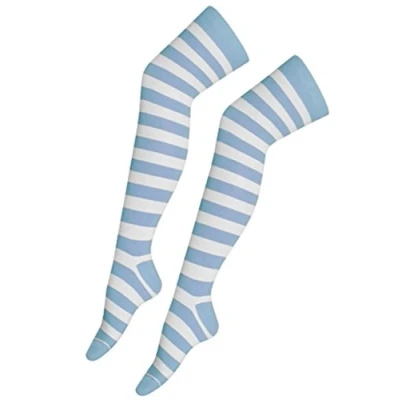 Image of Crazy Chick® Stripe Over The Knee Socks Thigh High Girls Stretchy OTK Fancy Dress (Light Blue &amp; White)