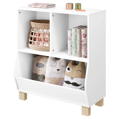 Image of Lestarain Kids Bookcase, Book Storage, White Storage Freestanding, MDF Montessori Toy Unit, with 3 Open Compartments and Solid Wood Legs, 71.5x34.5x76.5cm