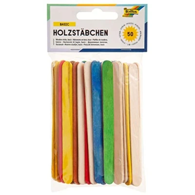 Image of folia 2290 Wooden Sticks for Crafts, Ice Cream Sticks, 114 x 10 2 mm, Pack of 50, 25 Natural and Assorted Colours, Flat with Rounded Ends Various Crafts