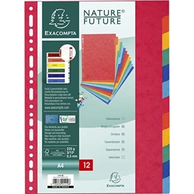 Image of Exacompta Ref 1412E Nature Future Dividers Suitable for A4 Documents, Pre Punched, 225gsm Genuine Pressboard, 12 Part Dividers, FSC Certified Multi Coloured