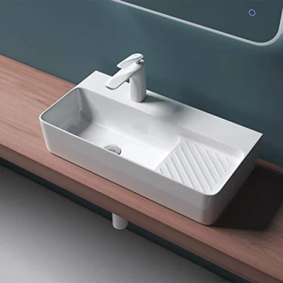 Image of Durovin Bathrooms Ceramic Basin Wall Hung or Counter Top Mount Sink Single Tap Hole with Drainboard Rectangular 450 x 305mm (WXD)
