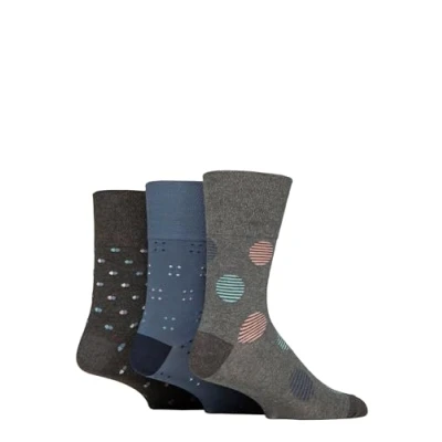 Image of Mens 3 Pair Gentle Grip Cotton Argyle Patterned and Striped Socks Cosmic Neutral Grey / Charcoal Blue 6 11