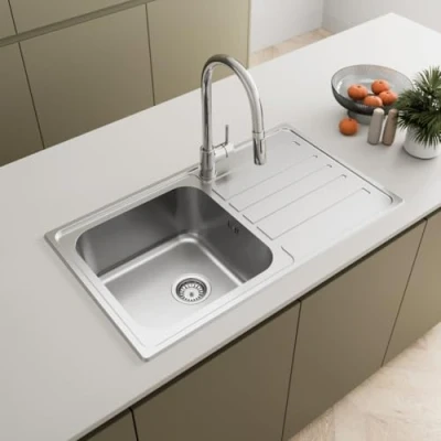 Image of SÄUBER 860 x 500mm Stainless Steel Kitchen Sink Single 1.0 Bowl Inset Drop in Installation, Reversible Drainer, 18/8 Grade Sinks, Free Strainer Waste