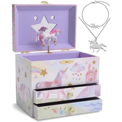Image of Jewelkeeper Unicorn Musical Jewelry Box for Little Girls Kids Storage with 3 Pullout Drawers Music Jewellery Case Necklace and Bracelet Beautiful Dreamer Tune 17.1x11.4 x14.9 cm
