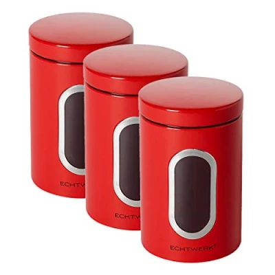 Image of ECHTWERK Stylish Storage Jars, Set of 3, Black, for Storing Flour, Sugar, Cereal, Tea, Metal Tin with Airtight Lid and Large Viewing Window, Capacity 1.4 L, Iron, 3