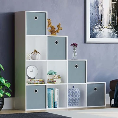 Image of Vida Designs Durham Staircase Bookcase Shelves Storage Organiser Living Room Furniture (10 Cube &amp; 5 Grey Baskets, White)