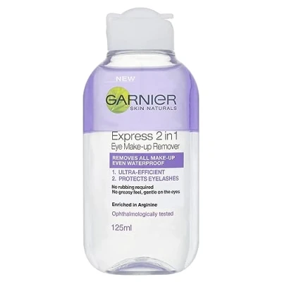 Image of Garnier Skin Active 2 in1 Eye Make Up Remover, Suitable For Waterproof Makeup, Gentle On Eyes and Eyelashes, Use With Reusable Micellar Eco Pads, 125 ml