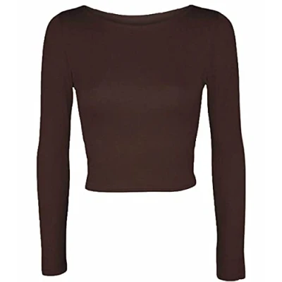 Image of Womens Crop Long Sleeve T Shirt Ladies Short Plain Round Neck Top Fitness Workout Running Shirts Cropped Tops (Brown UK 12 14)