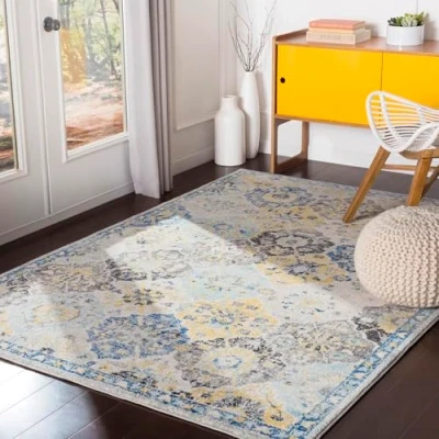 Image of Livabliss Sicily Vintage Rug Area Rugs Living Room 120x170 cm, Dining Floor, Kitchen, Traditional Multicoloured Boho Rug, Easy Care Pile, Bohemian Large Blue, Mustard, Black