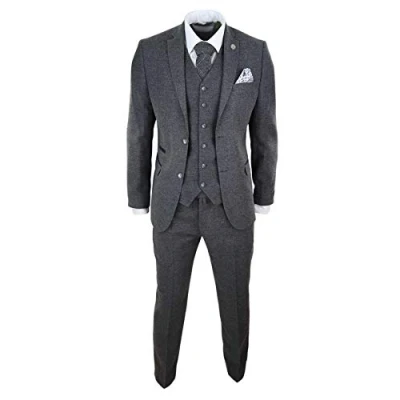 Image of Mens Wool Tweed Suit 3 Piece Authentic 1920s Tailored Fit Classic Navy