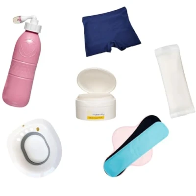 Image of First Days Maternity Postpartum Recovery Bundle, 1 Pink Maxi Peri Bottle, 4 Instant Perineal Cold Packs, Witch Hazel Pads, 2 Reusable Gel Sitz Bath, Postpatum Underwear Small (UK 8 12)