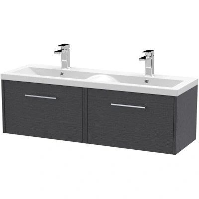 Image of Hudson Reed JNU2222F Juno Modern Bathroom Wall Hung 2 Drawer Vanity with Ceramic Double Basin, 1200mm, Woodgrain Graphite Grey