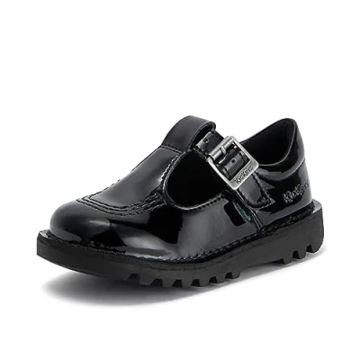 Image of Kickers Infant Girl&#039;s Kick T Bar Black School Shoes, Vegan Patent Black, 5 UK Child