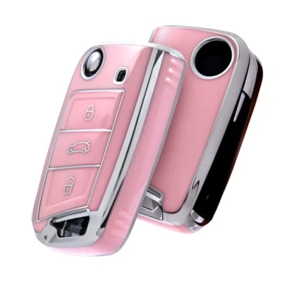 Image of OATSBASF Car Key Cover for VW Golf 7 Box/Key Case VW, Polo, Skoda, Seat, 3 Buttons,Silver Edge Pink