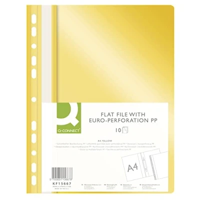 Image of Q CONNECT KF15667 Plastic File Folder A4 Yellow/Pack of 10 / Folders/Perforated Staplers with Labelling Strips/with Transparent Cover/with Perforated Holes/Euro Holes