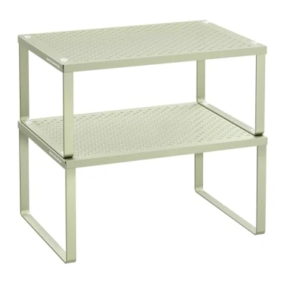 Image of SONGMICS Spice Racks, Set of 2 Cupboard Organisers, Kitchen Storage, Stackable, Expandable, Metal Counter Shelves, Laurel Green KCS001C01