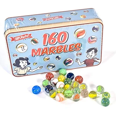 Image of KandyToys SupeRetro 160 Piece Classic Glass Marbles in a Vintage Storage Display Tin Novelty Kids Toys For