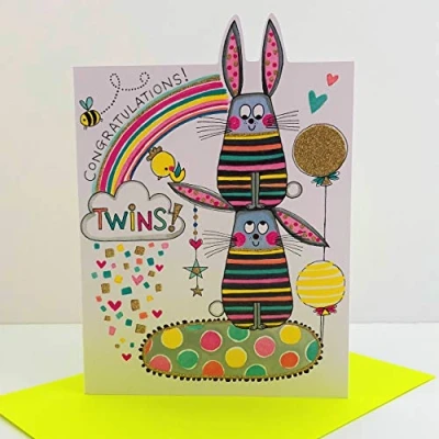 Image of Rachel Ellen Congratulations Twins Baby Card Bunny Rabbits Rainbow